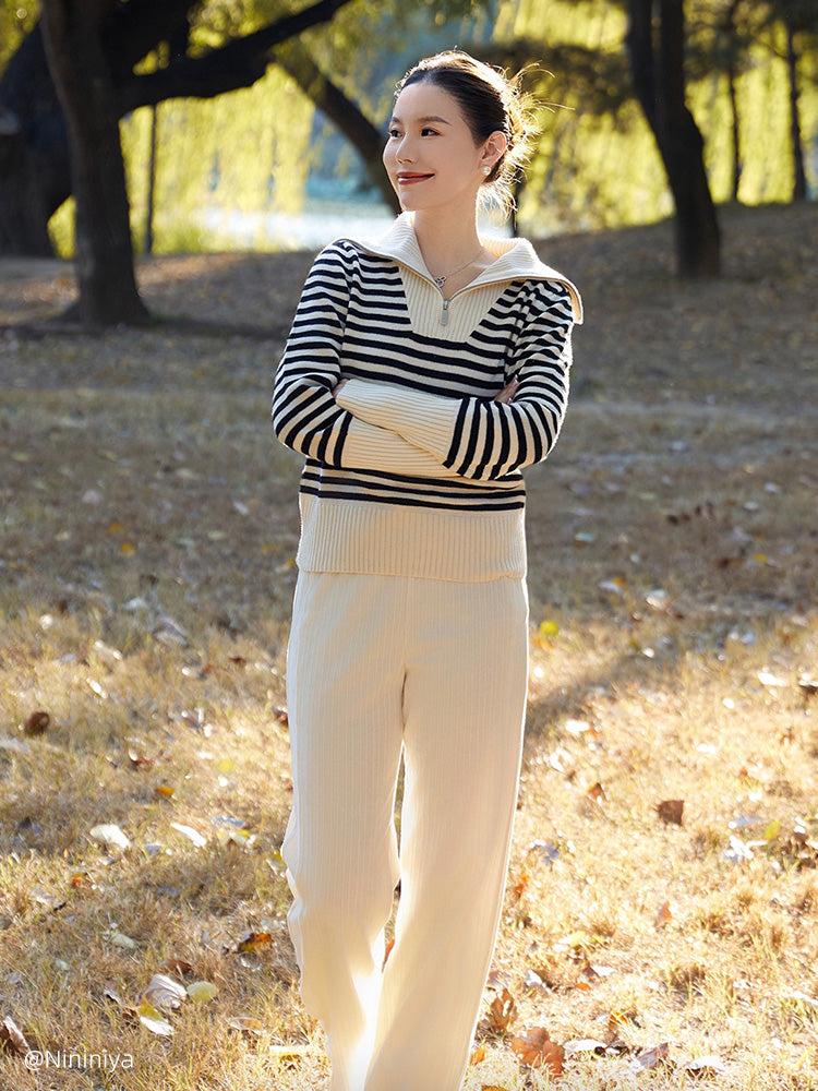 Oversized Collar Half-Zip Women Knit Top