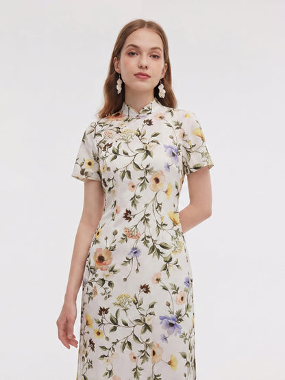 Tencel Linen Blend Floral Print Women Qipao Maxi Dress