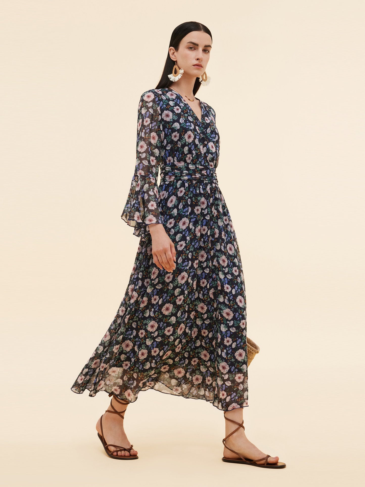 10MM Mulberry Silk Floral Print Women V-Neck Maxi Dress