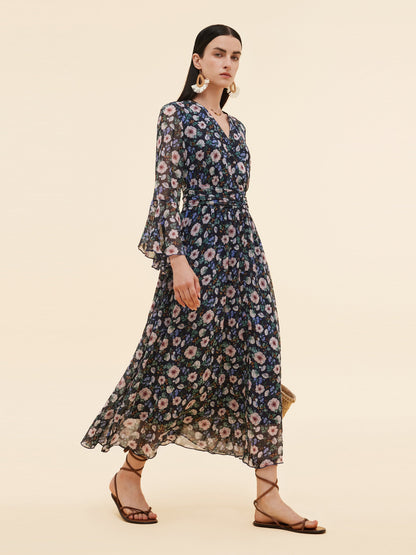 10MM Mulberry Silk Floral Print Women V-Neck Maxi Dress