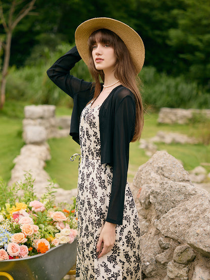 Camellia Print Spaghetti Strap Dress And Knitted Cardigan Two-Piece Set