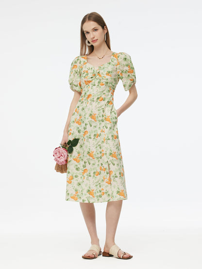 Cotton Floral Print Twist Front Women Midi Dress