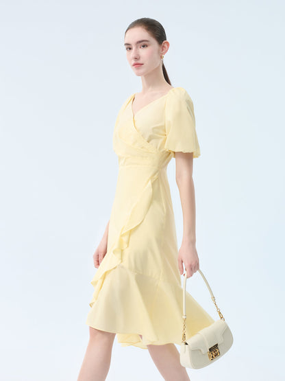 100% Cotton Ruffle Puff Sleeve Women Wrap Midi Dress