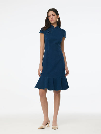 Denim Ruffle Hem Women Stretchy Knit Qipao Mini Dress