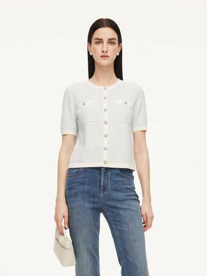 Tencel Blend Contrast Trim Women Textured Cardigan
