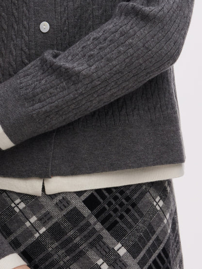 Faux-Layered Cardigan And Plaid Skirt Two-Piece Set