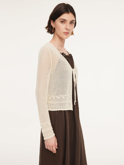 100% Cotton Openwork Tie Front Women Cardigan