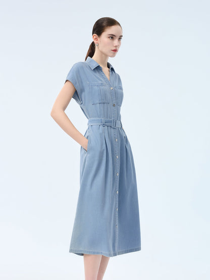 100% Cotton Denim Women V-Neck Maxi Shirt Dress With Belt