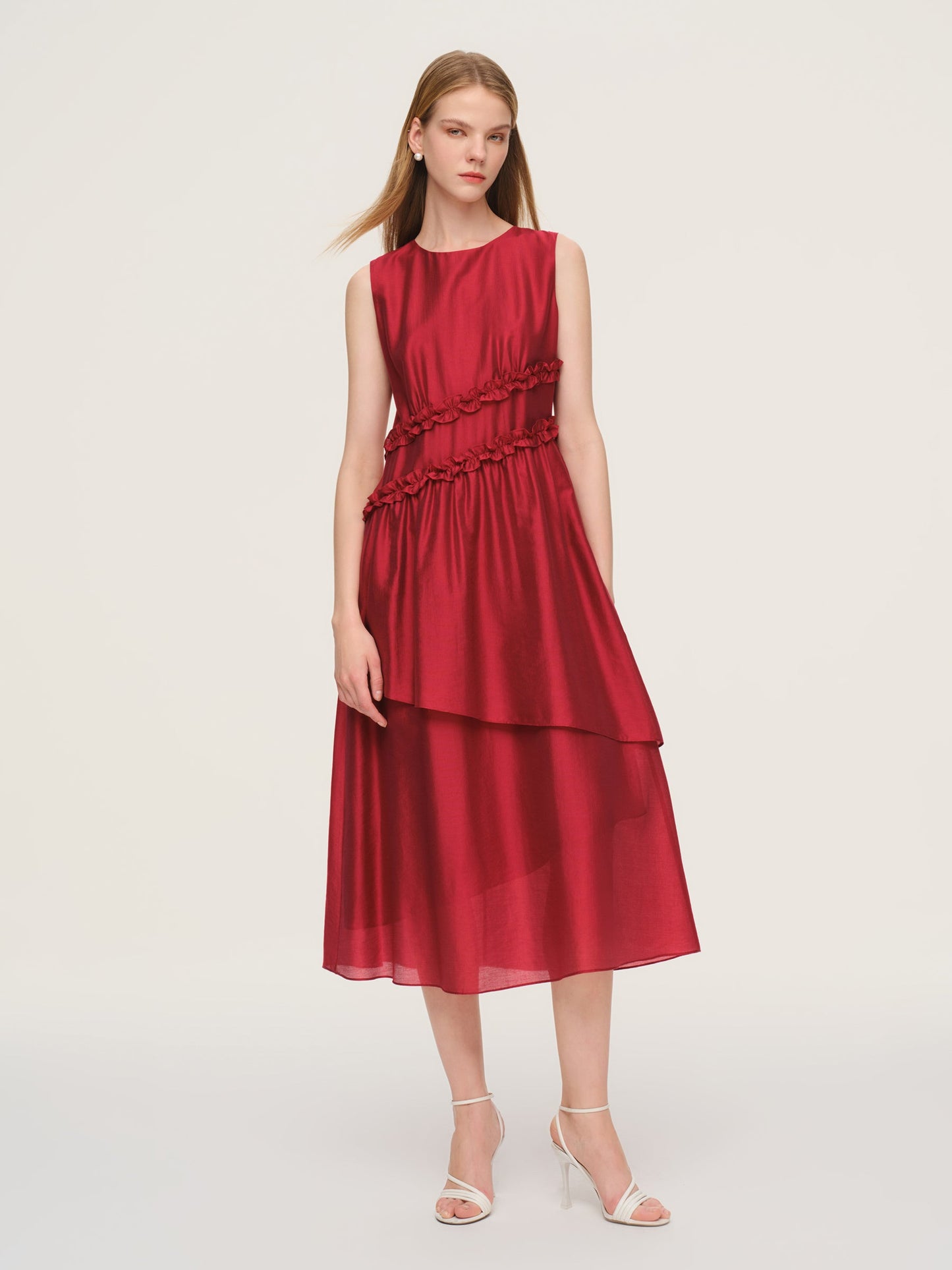 Tencel Blend Ruffle Women Sleeveless Tiered Maxi Dress