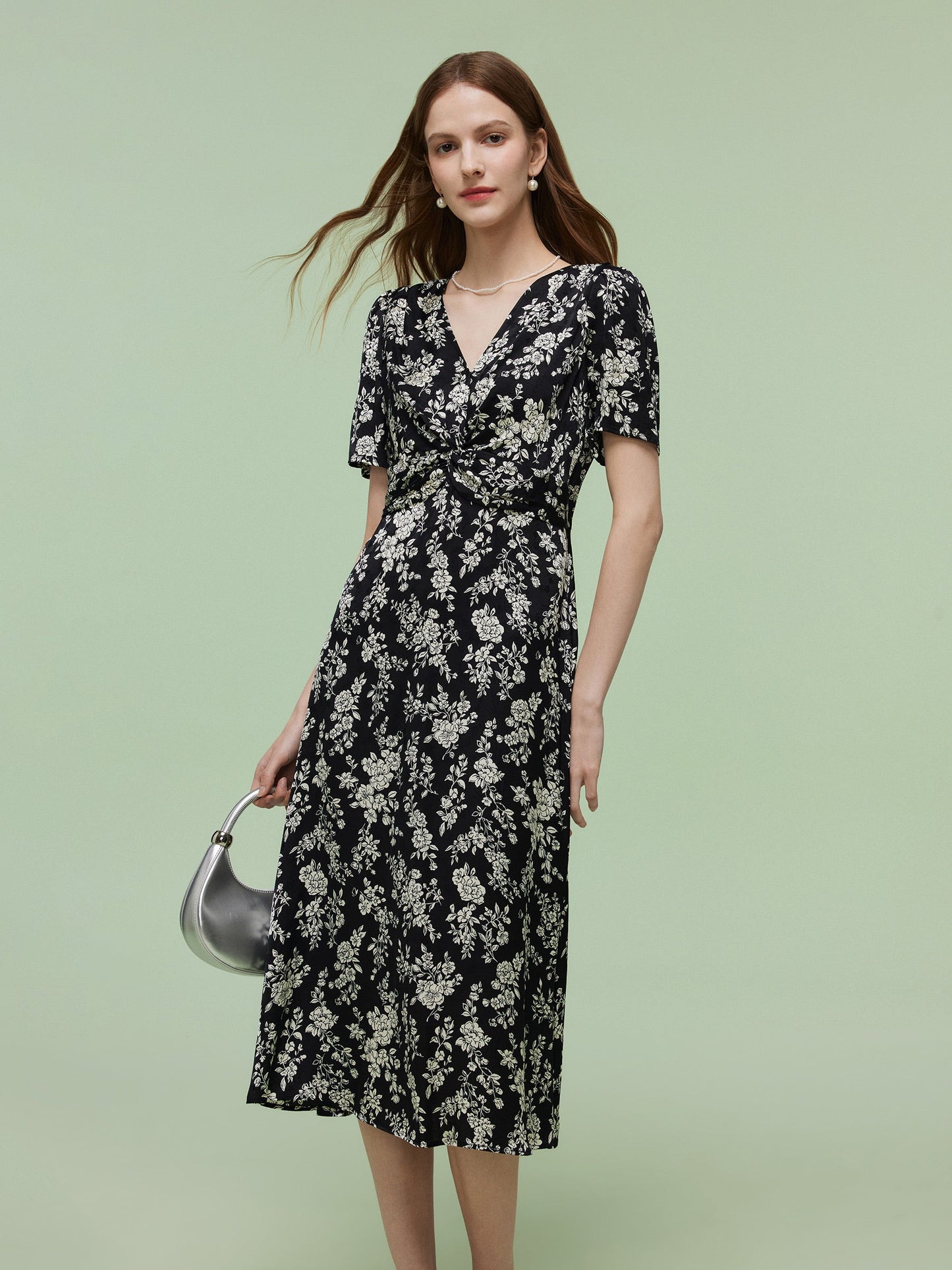 Floral Print Twist Front Women Midi Dress