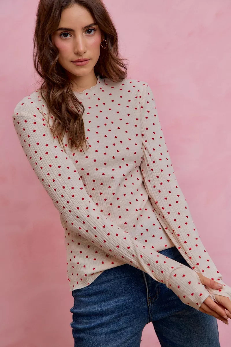SO ME Ditsy Heart All Over Slub Rib Knit Valentine Top yr
