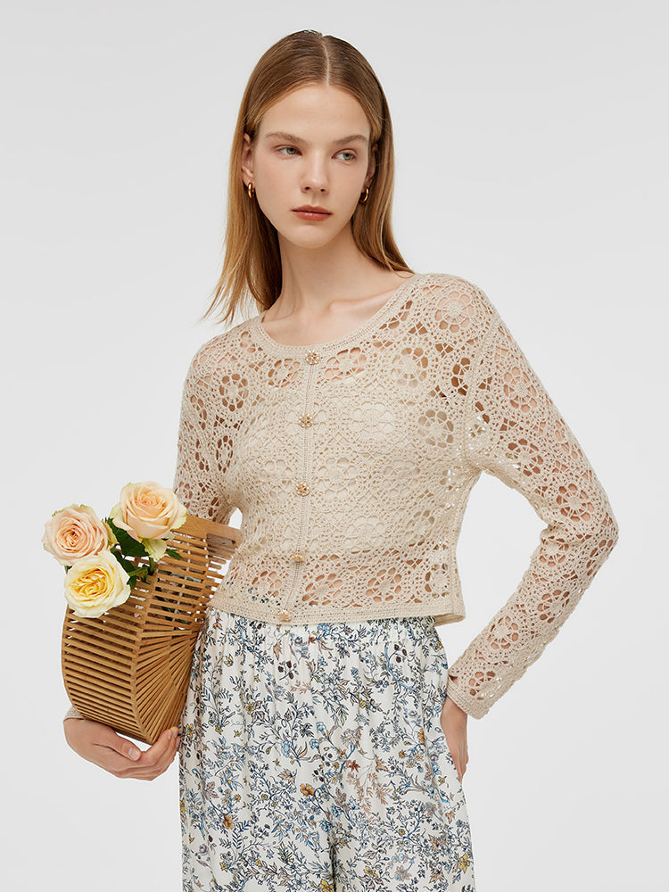 Wool Openwork Women Crop Knit Top With Camisole