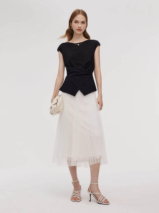 Adjustable Hem Knit Top And Mesh Pleated Skirt Two-Piece Set