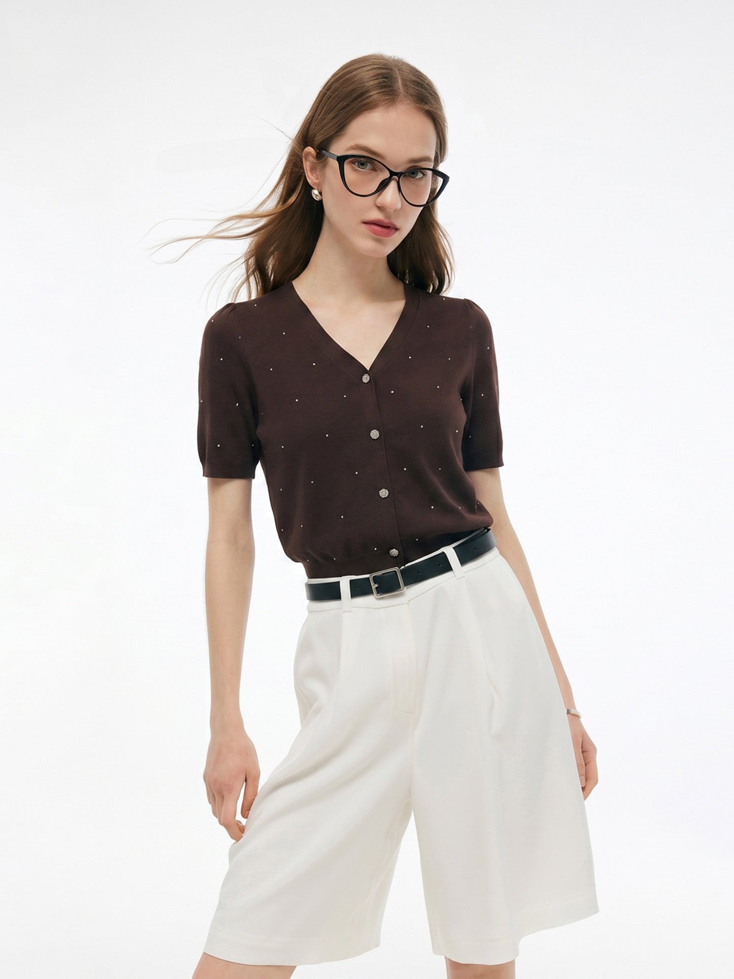 Tencel Wool Blend Rhinestone Women V-Neck Cardigan