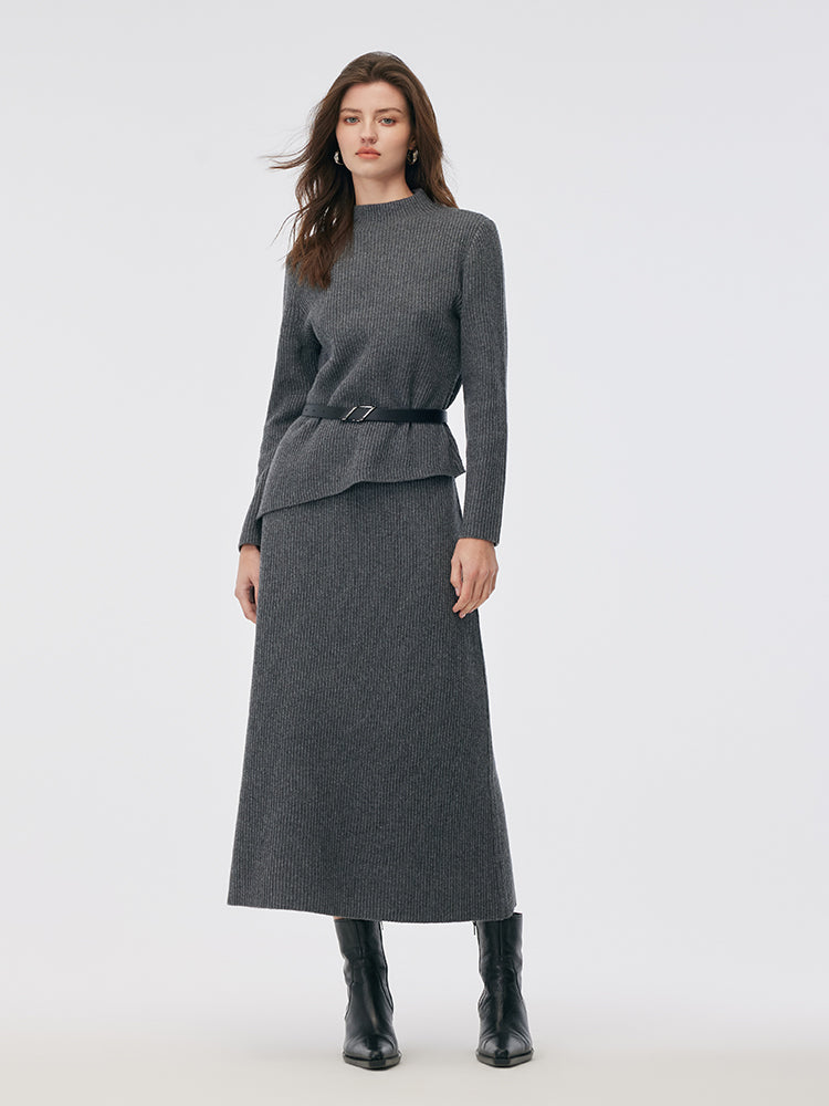 Wool Blend Mock Neck Sweater And A-Line Skirt Two-Piece Set With Belt