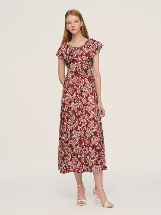 Marigold Floral Print Convertible Elastic Neck Women Maxi Dress