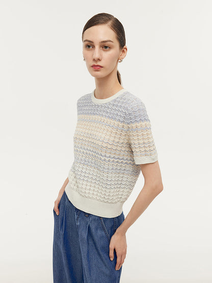 Blue And White Gradient Stripe Women Knit Top