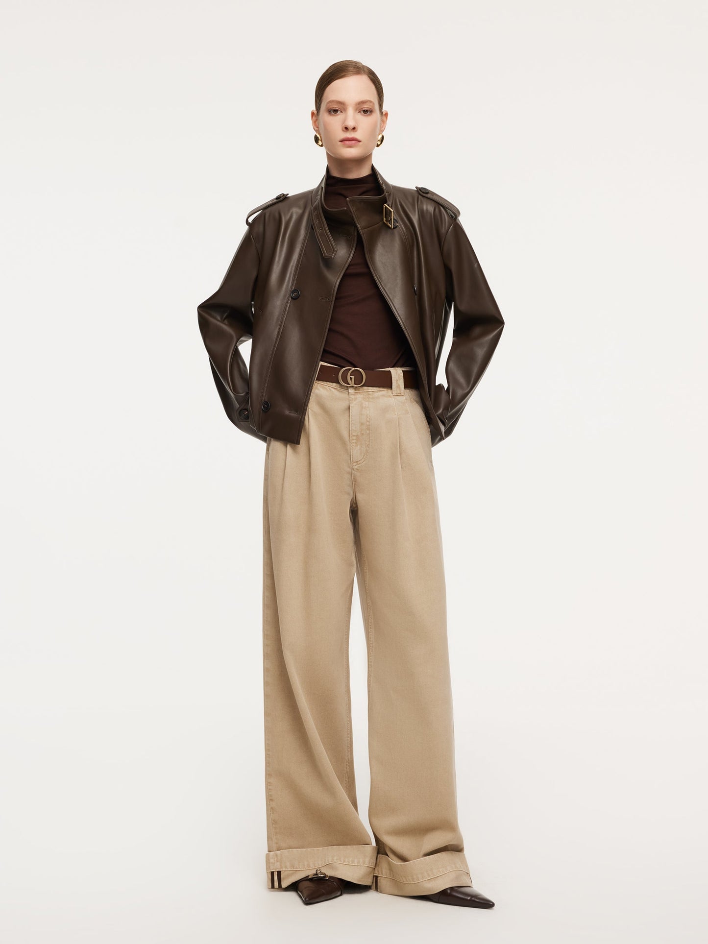PU Leather Double-Breasted Women Trench Jacket