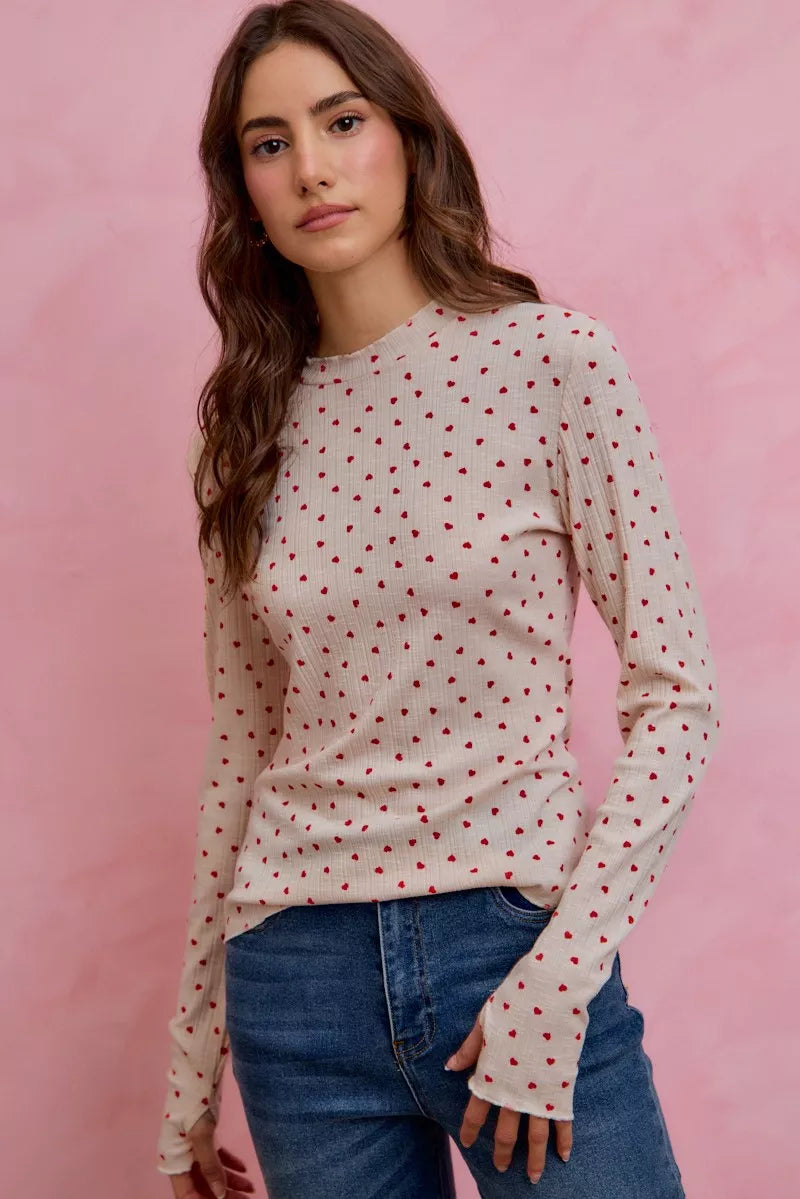 SO ME Ditsy Heart All Over Slub Rib Knit Valentine Top yr