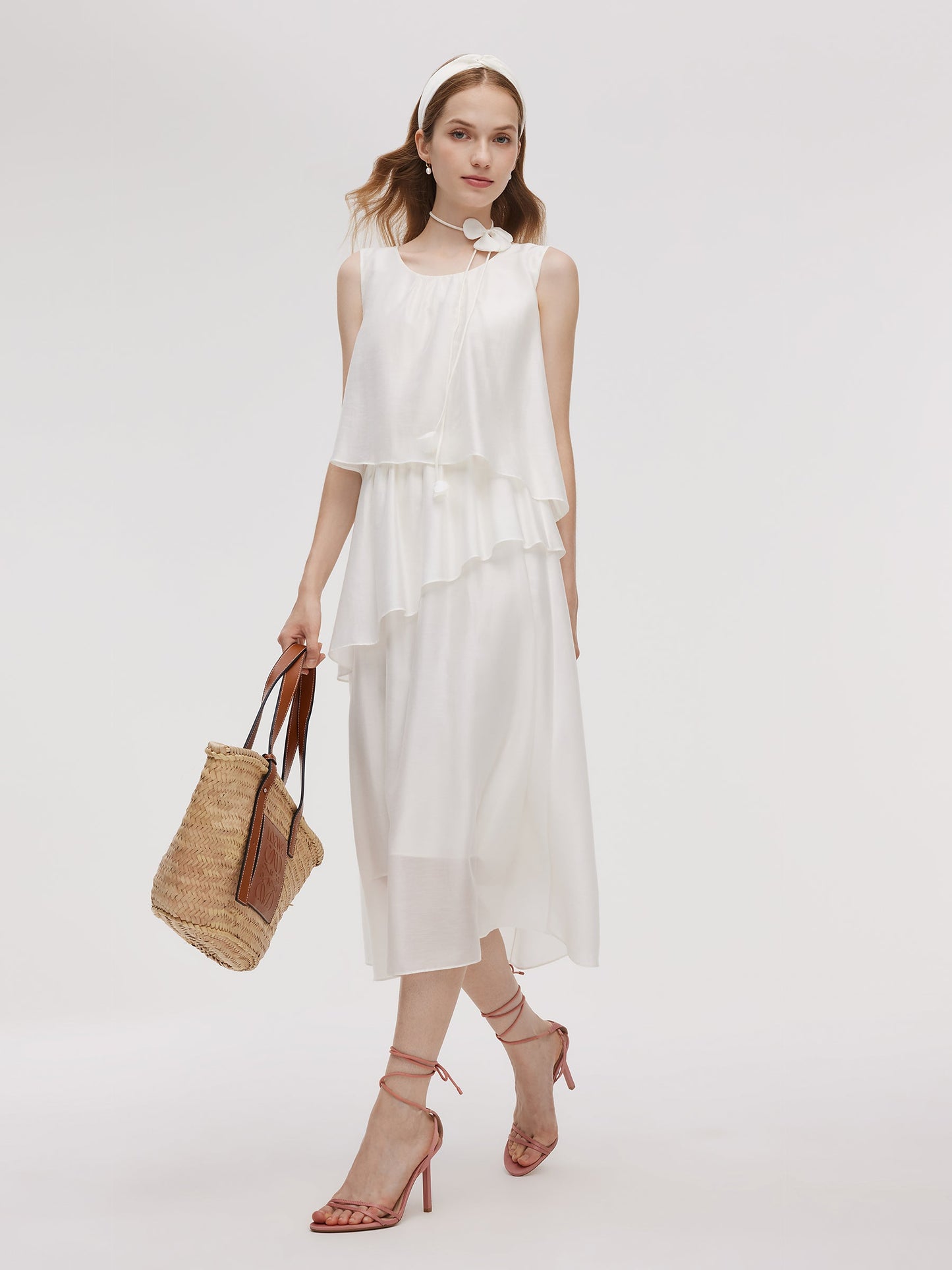 Tencel Blend Ruffle Women Tiered Sleeveless Midi Dress