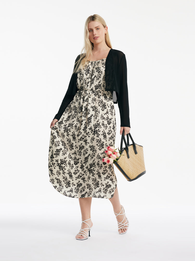 Camellia Print Spaghetti Strap Dress And Knitted Cardigan Two-Piece Set