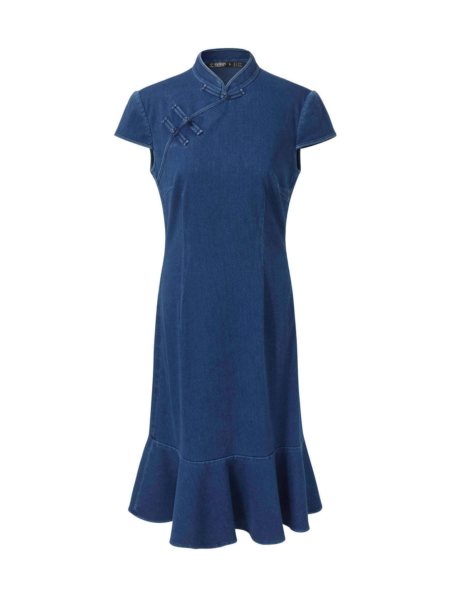 Denim Ruffle Hem Women Stretchy Knit Qipao Mini Dress