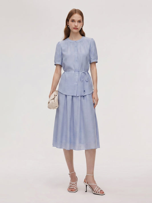 Acetate Blend Blouse And A-Line Skirt Belted Two-Piece Set