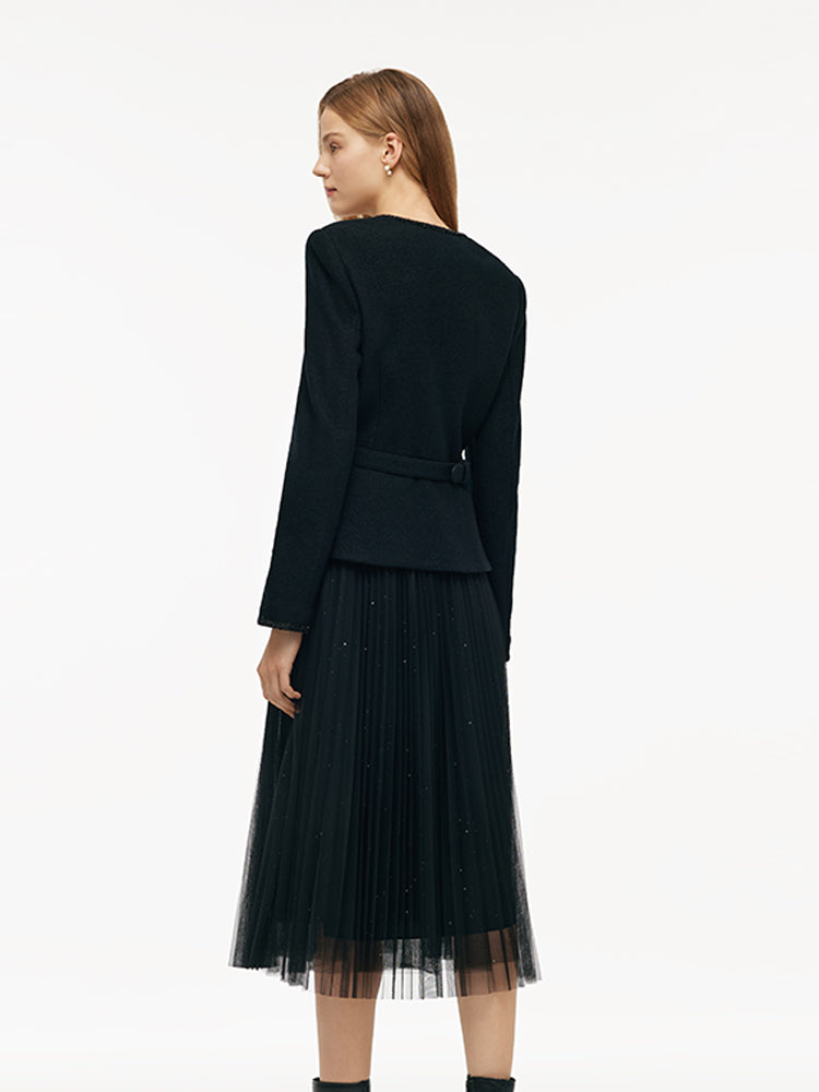 Wool Crop Jacket And Tulle Skirt Two-Piece Set With Belt