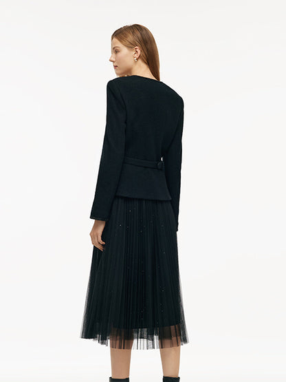 Wool Crop Jacket And Tulle Skirt Two-Piece Set With Belt
