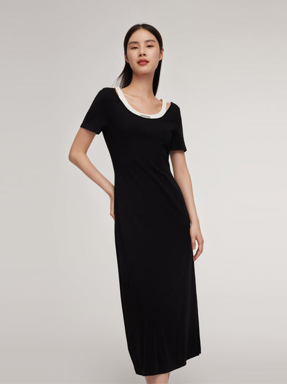 Pre-Order Faux Two-Piece Patchwork Slim Fit Women T-Shirt Maxi Dress