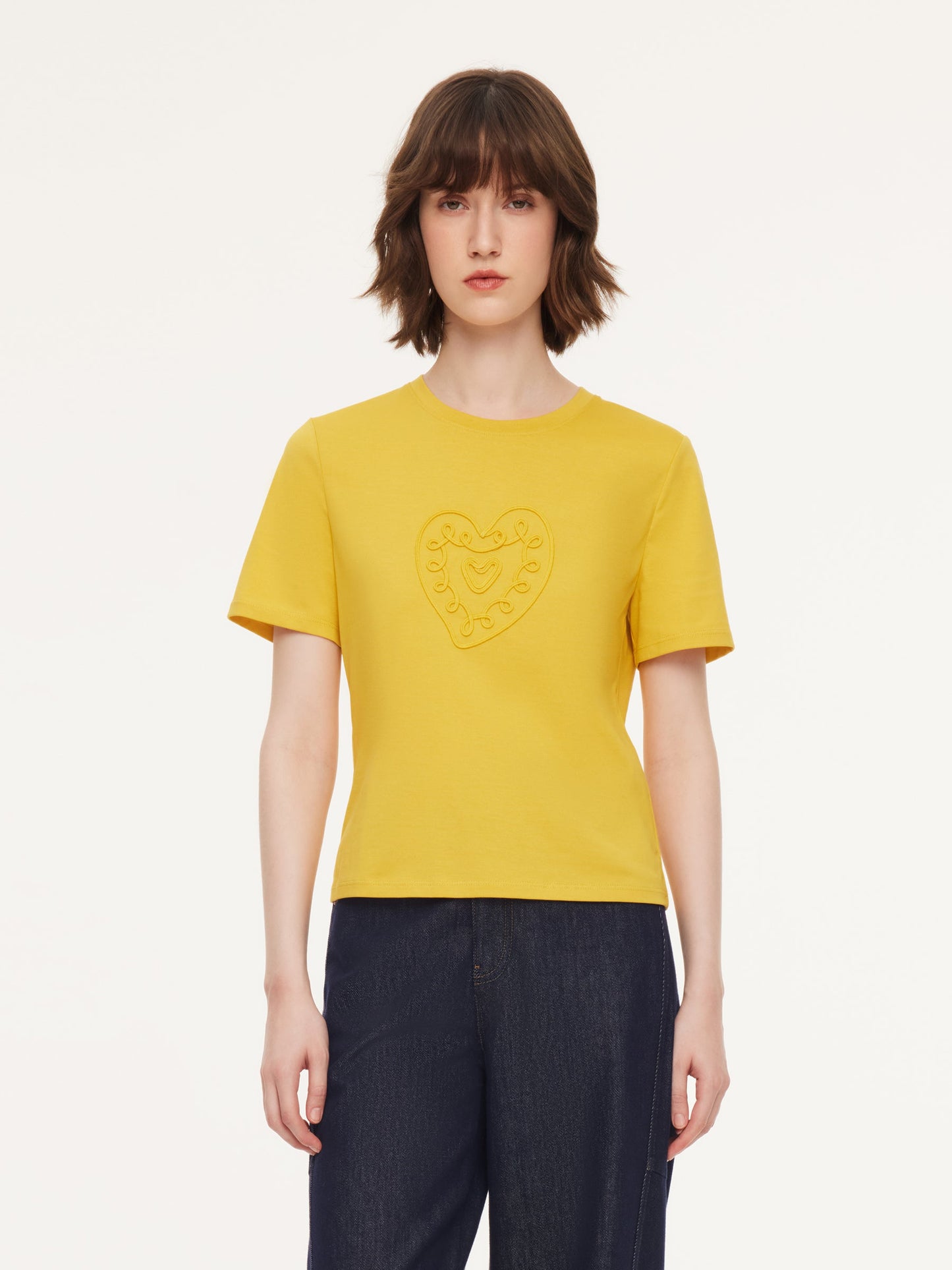 Cotton Blend Round Neck Tape Embroidered Women T-Shirt