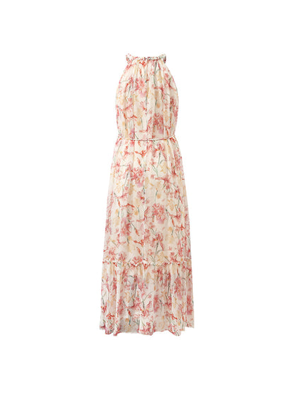 10 Momme Mulberry Silk Iris Print Halter Ruffle Women Maxi Dress
