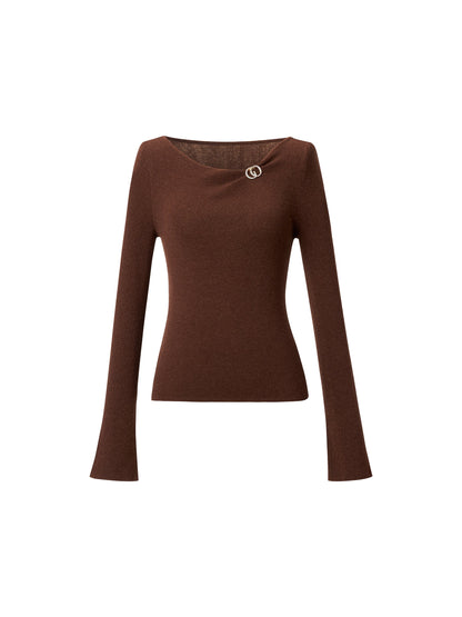 [Preview] Wool Blend Boat Neck Women Knit Top With GO Letter Clip