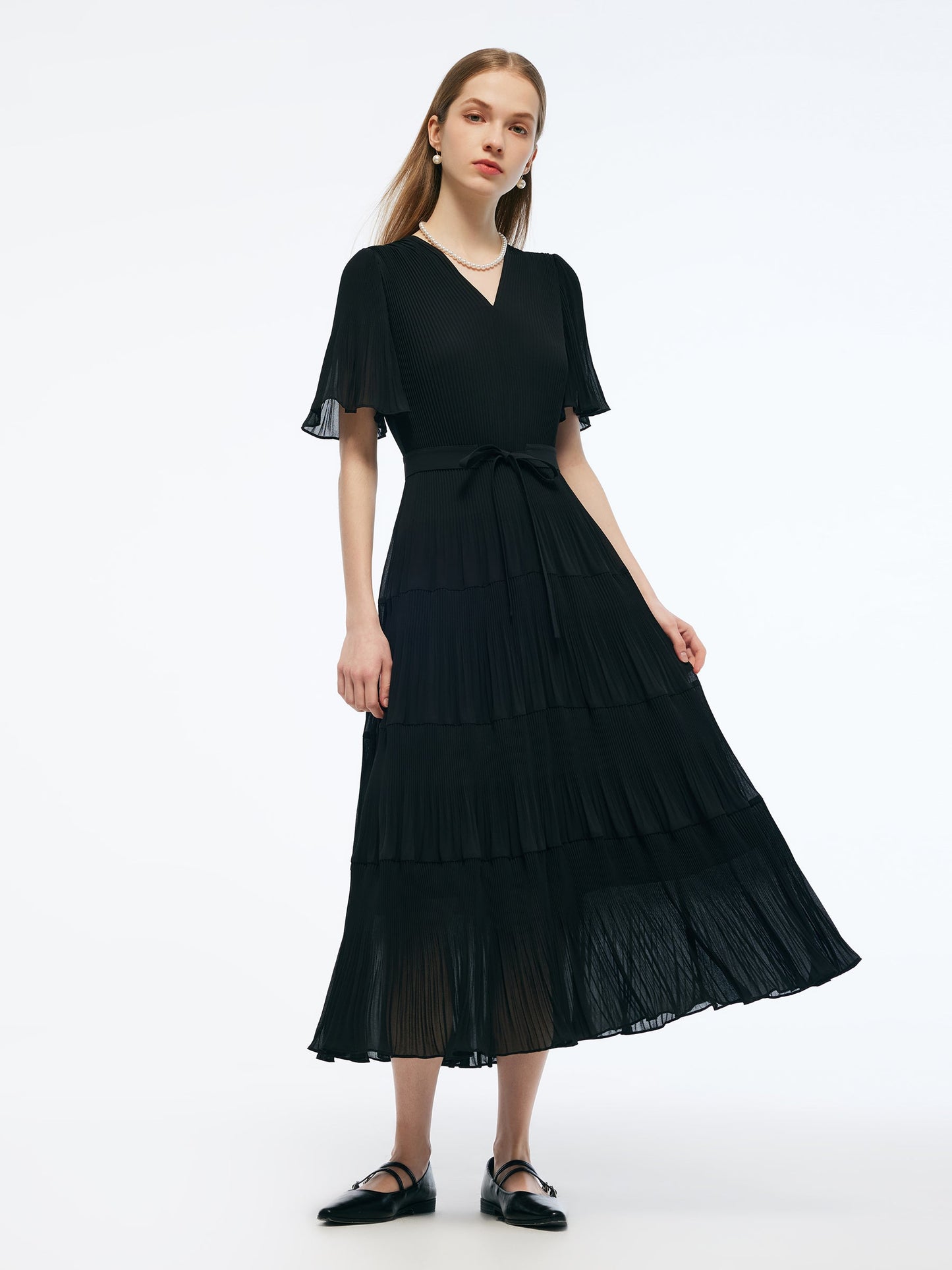 Pleated V-Neck Women A-Line Tie Belt Maxi Dress