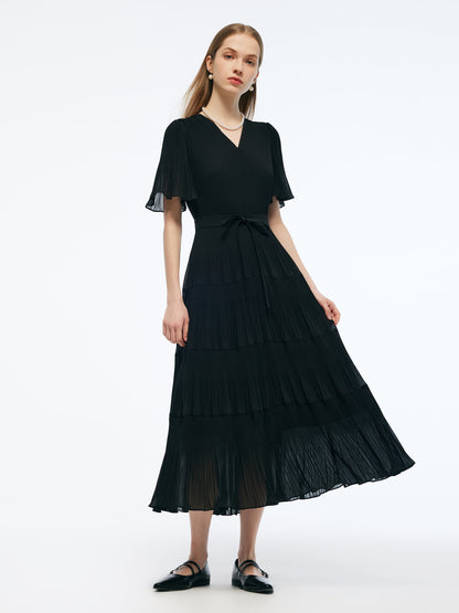 Pleated V-Neck Women A-Line Tie Belt Maxi Dress