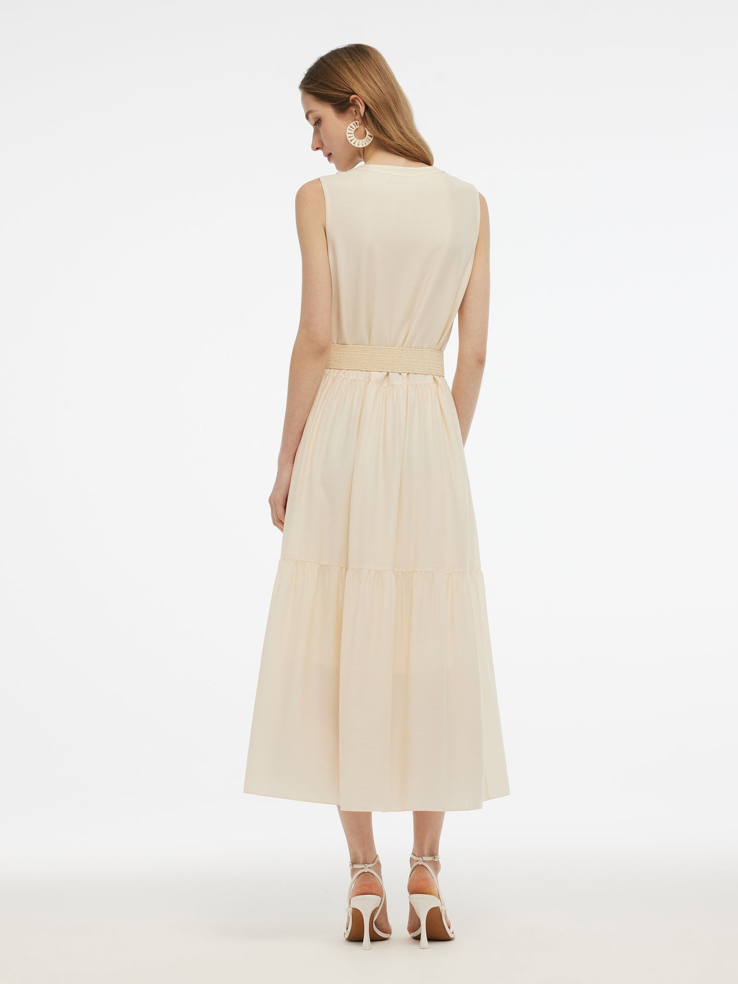 Acetate Blend Loose Fit Women A-Line Maxi Vest Dress With Belt
