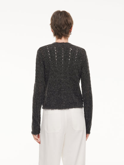 Alpaca Wool Blend Frayed Edges Women Open-Knit Cardigan