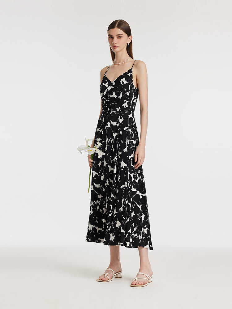 19 Momme Mulberry Silk Iris Print Women Maxi Spaghetti Strap Dress With Scrunchie