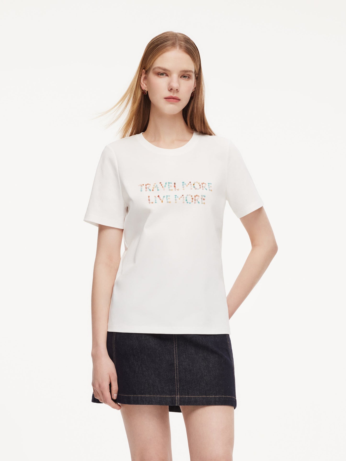 100% Cotton Beaded Letter Women T-Shirt