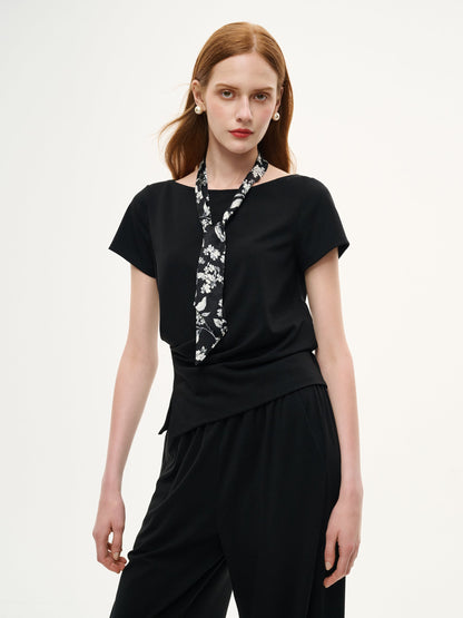 Boat Neck Side Ruched Top And Pants Two-Piece Set With Floral Print Scarf