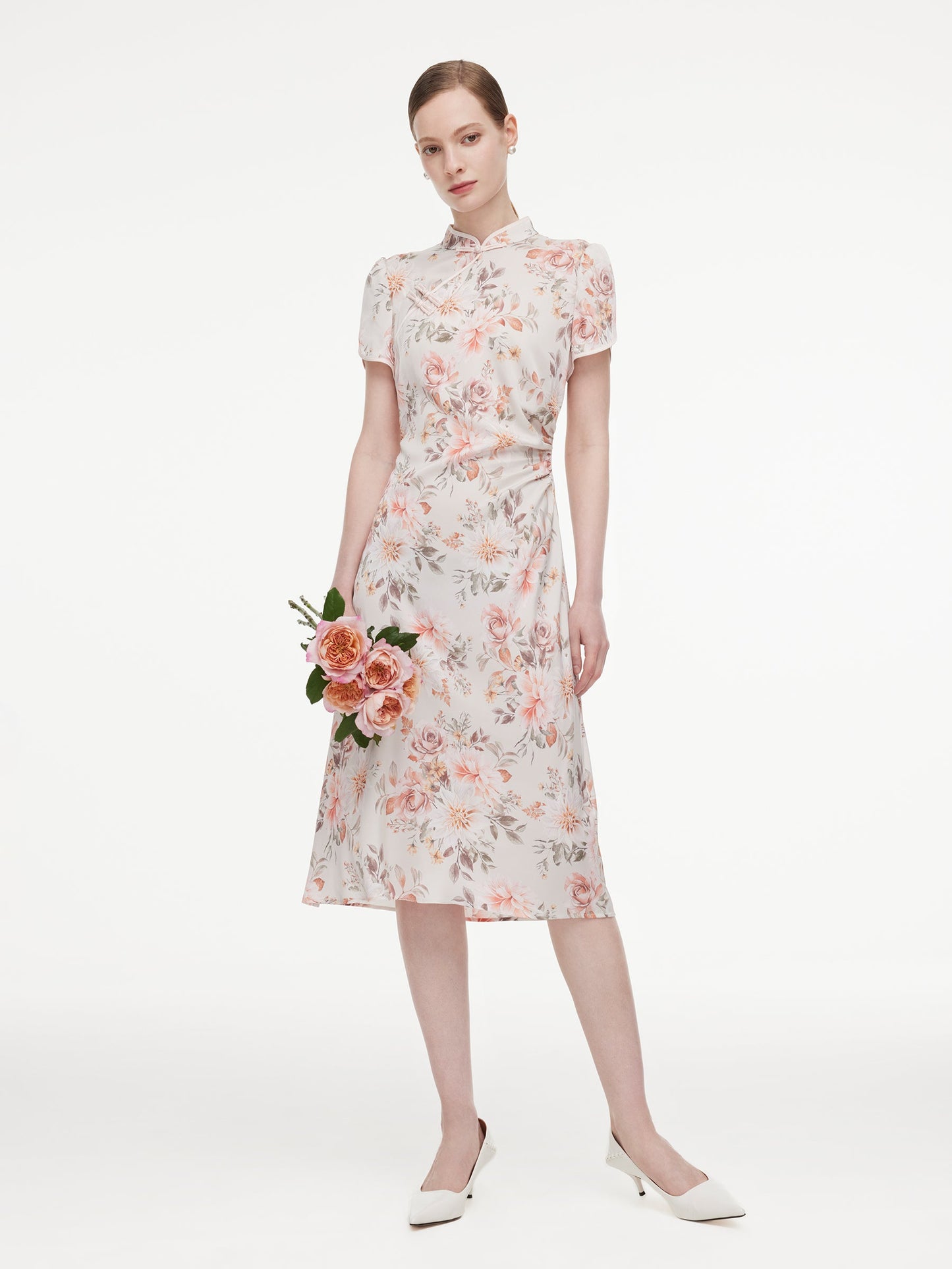 19MM Mulberry Silk Floral Print Women Qipao Midi Dress