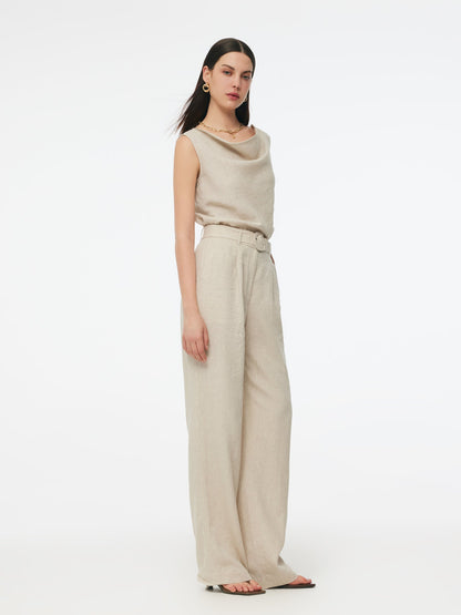 100% Linen Women Straight Leg Pants With Belt
