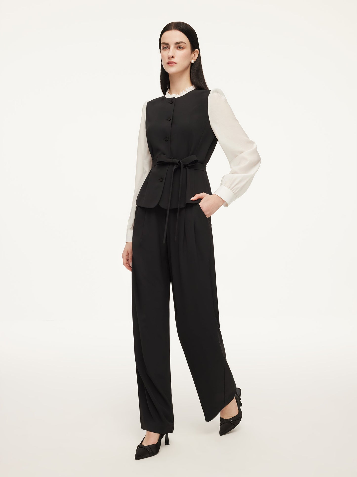 Four-Way Stretch Mock Layered Shirt And Pants Two-Piece Set With Self-Tie Belt