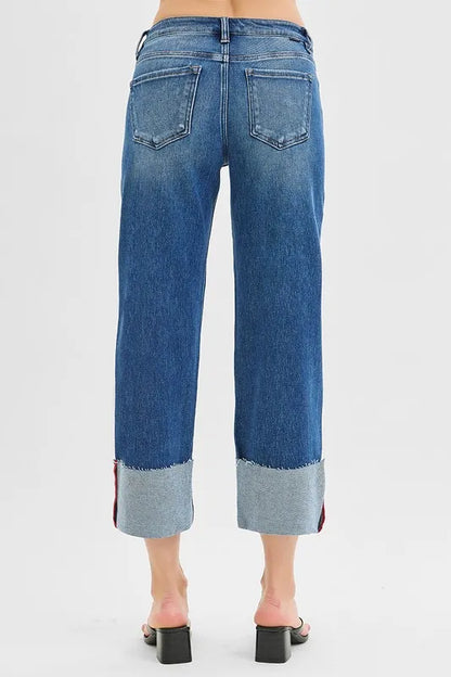 RISEN Full Size Tummy Control Mid Rise Crop Wide Cuffed Jeans Plus Size