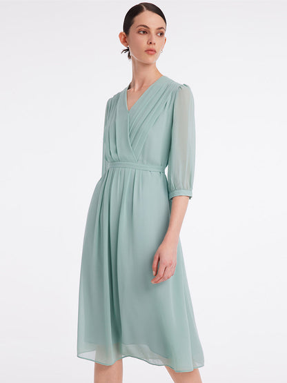V-Neck Pleated Lace Up Wrap Midi Dress