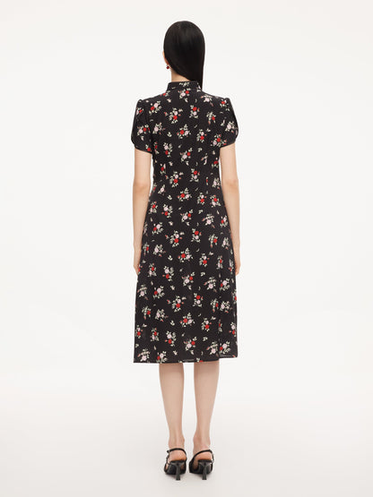 16MM Mulberry Silk Rose Print Women Qipao Midi Dress
