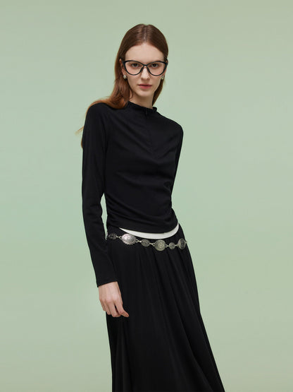 Tencel Blend Half-Zip Women Knit Top And Skirt Two-Piece Set