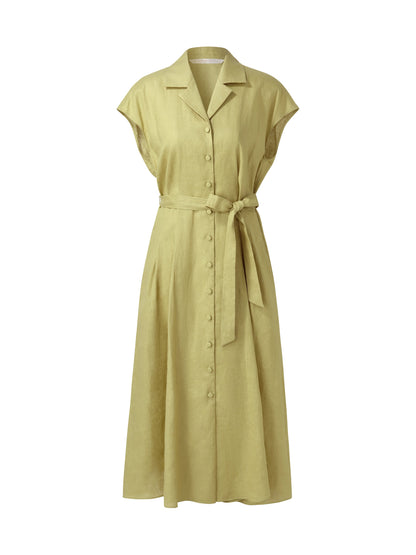 100% Linen Gathered Waist Women Self-Tie Belt Maxi Dress