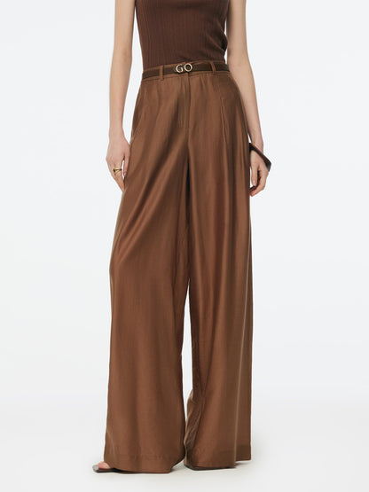 Tencel Blend Women Wide Leg Pants With GO Letter Leather Belt