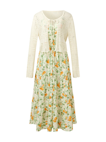 Cotton Floral Print Strap Maxi Dress And Openwork Cardigan Two-Piece Set